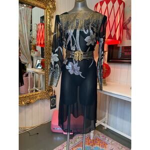 vintage 1970s sheer black dress with silver and gold lurex 70s fashion holiday m